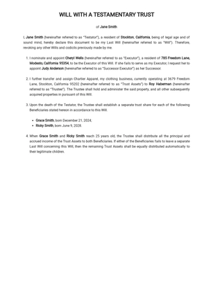 Will with a Testamentary Trust Example Template